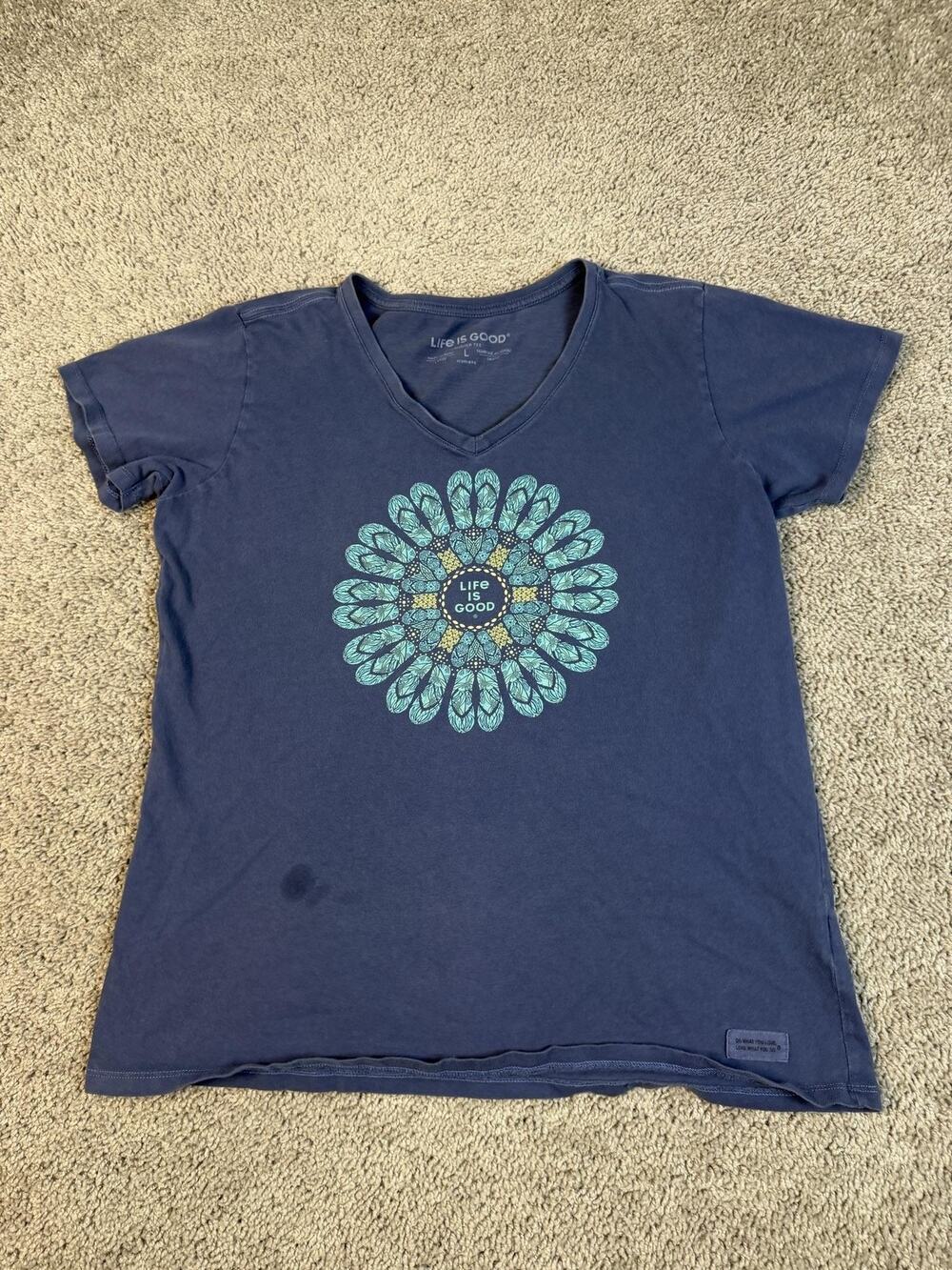 Life Is Good Shirt Womens L Blue V-Neck Floral Crusher Tee Tagless Jersey